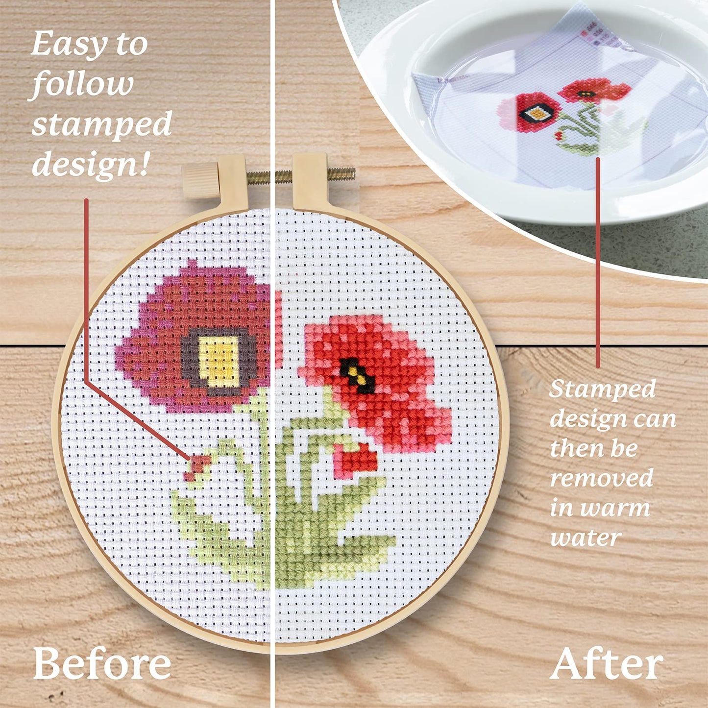 Cross Stitch Kits for Beginners (Flower Theme - 6.75 Inch - 4 Pack 1 x Embroidery Hoop) DIY Embroidery Needlepoint Patterns for Adults, Includes Poppy, Rose, Sunflower and Pansy.