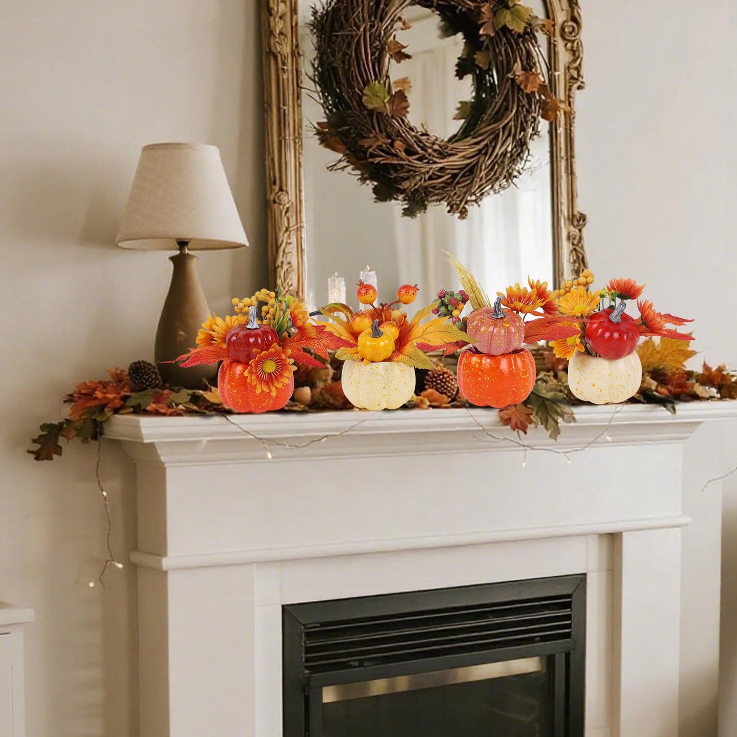 Fall Decorations for Home - Set of 6 Artificial Pumpkins with Maple & Flowers, Thanksgiving Table Decor, Pumpkin Vases Centerpiece for Kitchen Office Indoor
