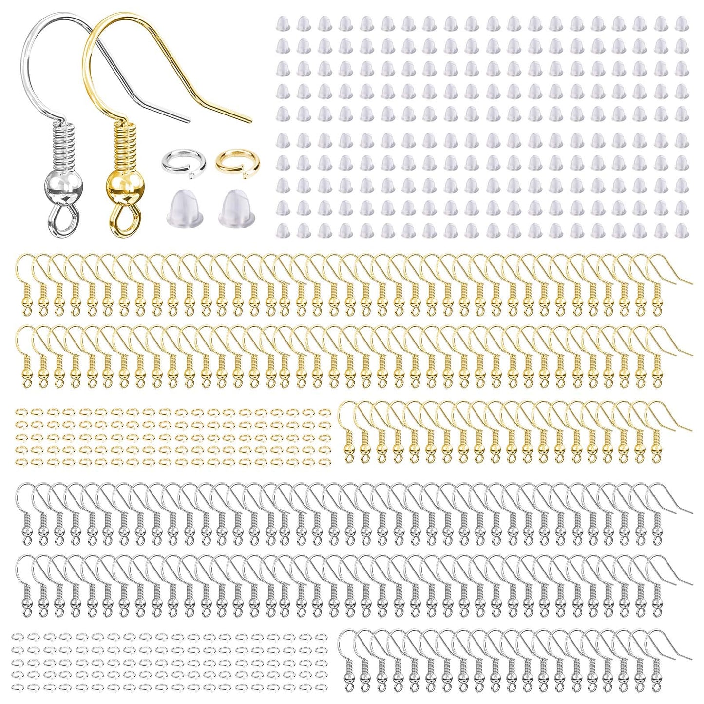 Hypoallergenic Earring Hooks, 600 Pcs Earring Making Supplies Kit with Earring Hooks, Jump Rings and Earring Backs for Jewelry Making (Silver and Gold)