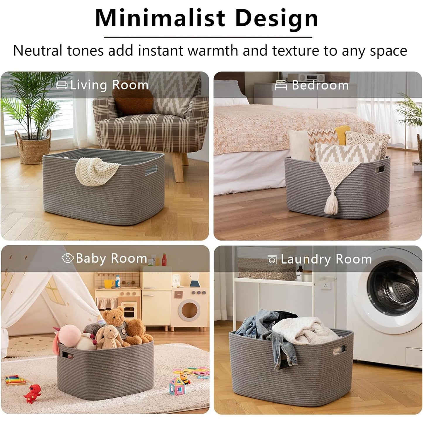 OIAHOMY XXLarge Rectangle Blanket Basket-96L, Cotton Woven Basket for Storage, Dirty Clothes Basket for Living Room, Nursery, Bedroom, Toy Organizing with Handle, 24" x 16" x 15", Dark Grey