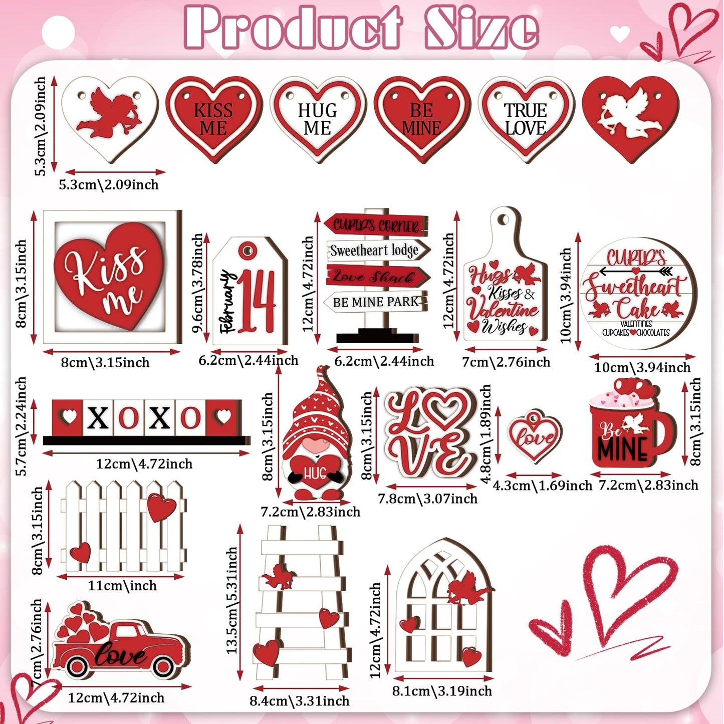 24 Pcs Valentine's Day Tiered Tray Decorations Farmhouse Gnome Heart Wooden (Tray not included)