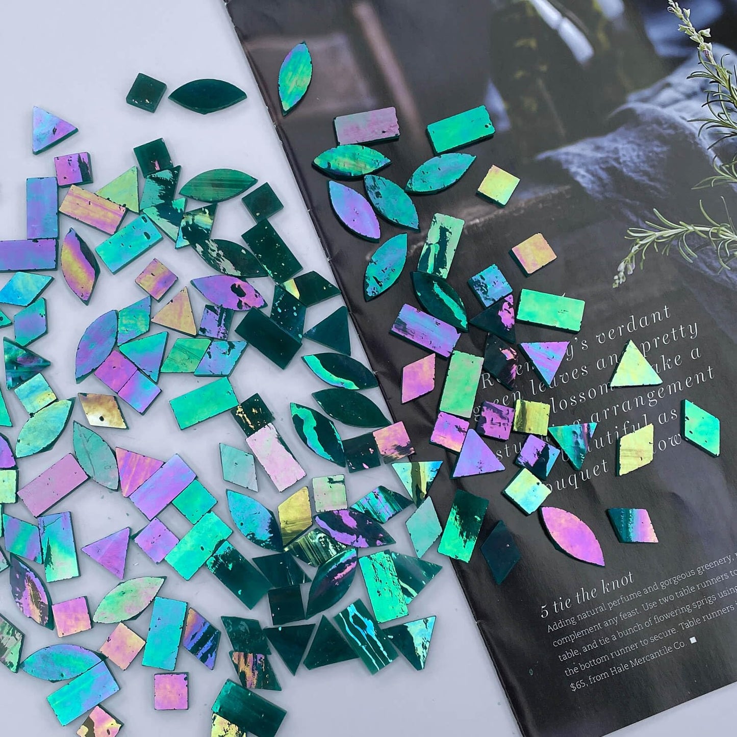 LITMIND Turquoise Iridescent Stained Glass Mosaic Tiles for Crafts - 240 Pieces, 5 Shapes Mixed (Rectangle, Triangle, Rhombus, Square, Leaf) - Ideal for Mosaic Making Projects and Beginners