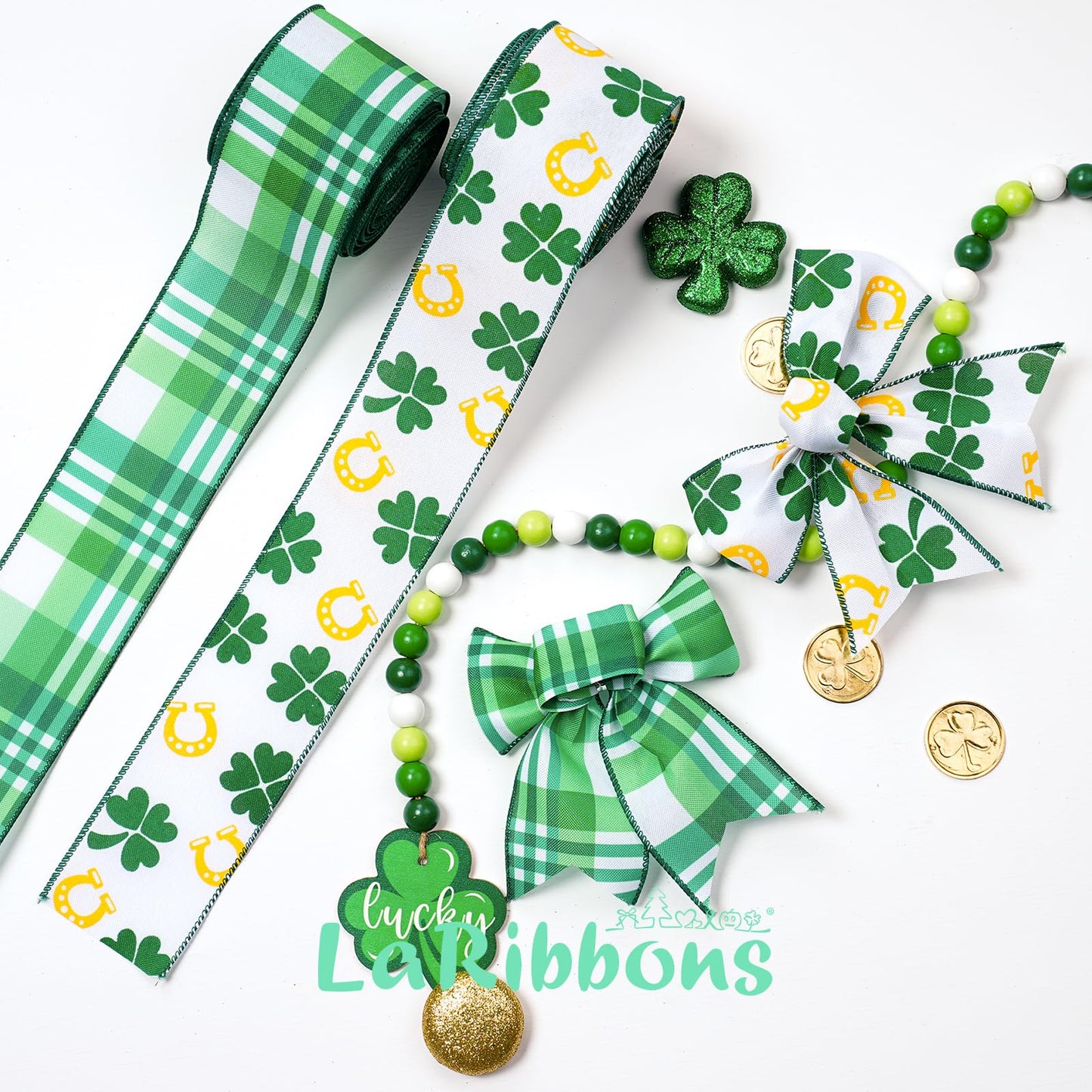 St Patricks Day Ribbon Wired 2 Rolls 2.5 Inch x 20 Yards Tt, Glitter Shamrock Green and White Plaid Ribbon for Crafts Supplies Wreath Bow Making DIY