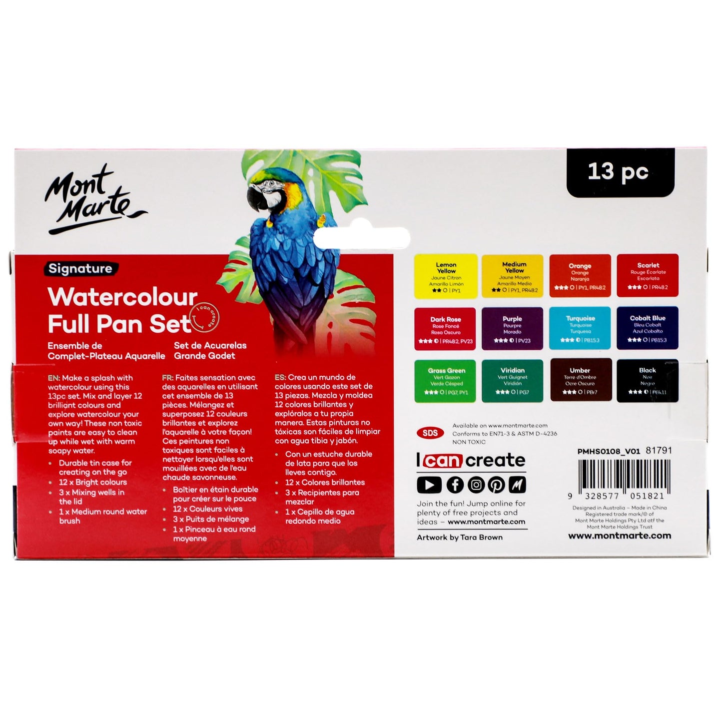 Watercolor Set Full Pan Signature 13pc in Tin, Vibrant, Multi-Color with Translucent Finish, Portable Watercolor Set