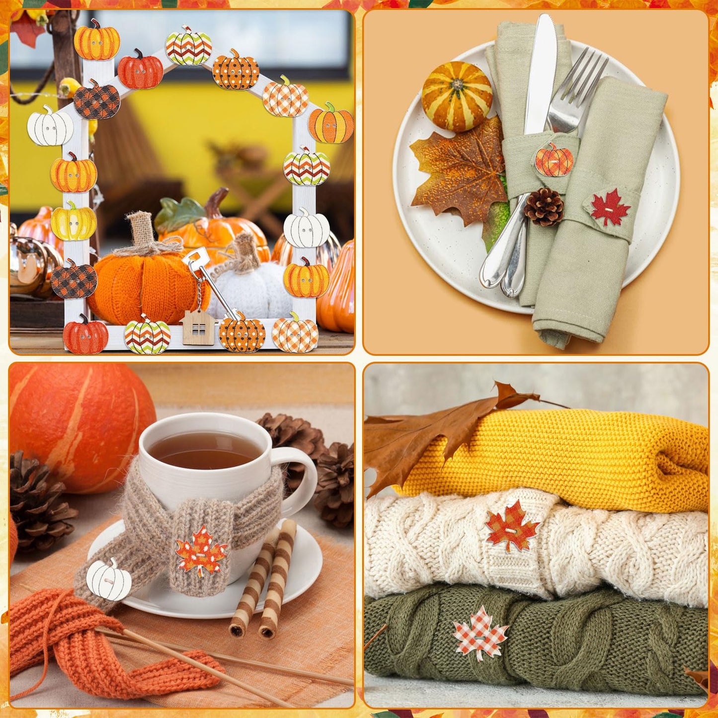 JUNEBRUSHS Fall Wooden Buttons, 260pcs Autumn Leaves Pumpkin Shaped Thanksgiving Wooden Sewing Buttons for Fall Thanksgiving Party DIY Crafts Decoration Sewing Clothes Accessories