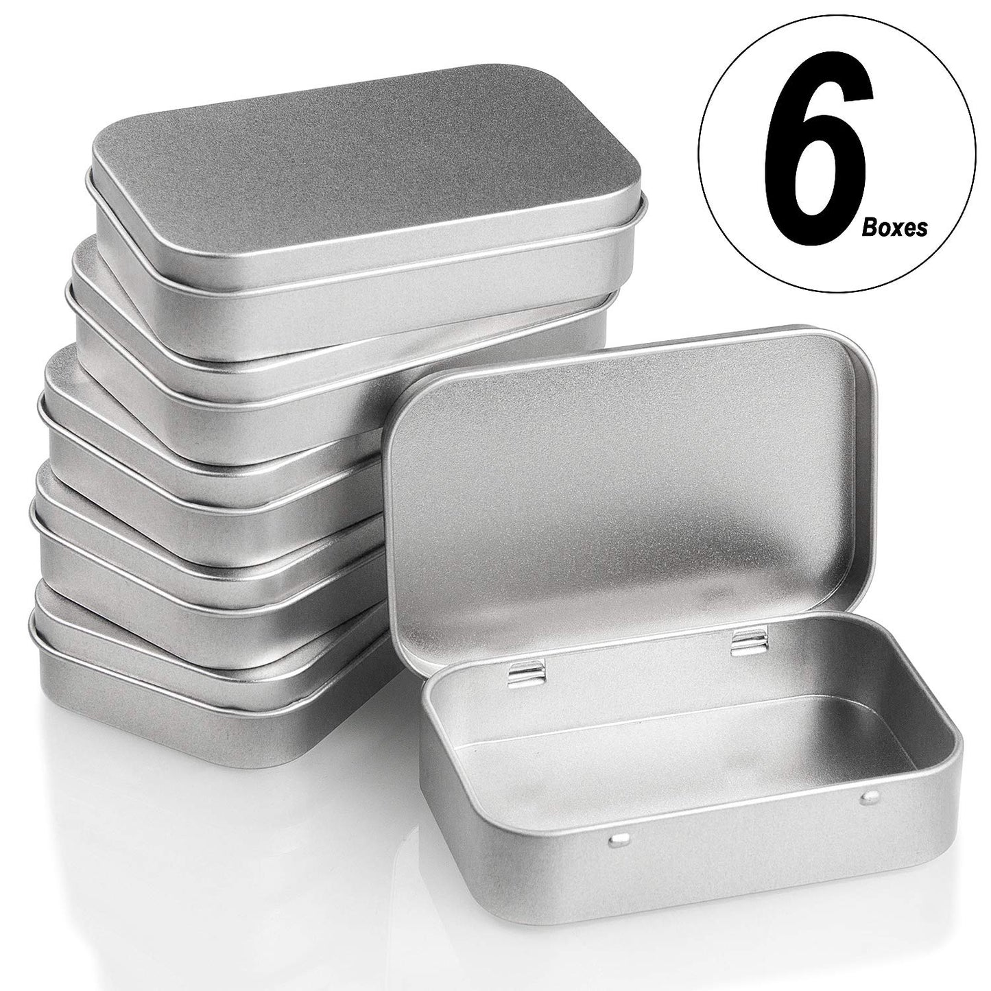 CenterZ 6 Pack Hinged Tin Box Containers - 3.7 x 2.4 x 0.8 inch Metal Tins Storage Boxes with Lids, Rectangular Empty Small Home Craft Organizer for Gift, Jewelery, Pill, Candy, Matches, Soap (Silver)