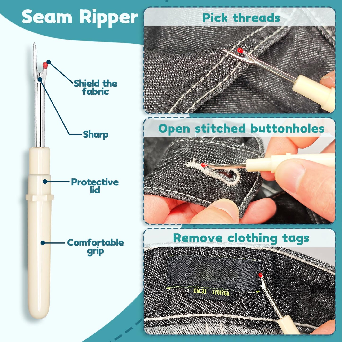 33 Pcs Sewing Tool Kit - with Automatic Needle Threader/Fish Mouth Easy Threader/Gourd and Thumb Shaped Simple Threader/Seam Rippers/Thread Snips/Drawstring Threaders/Awl/Thimbles/Needles