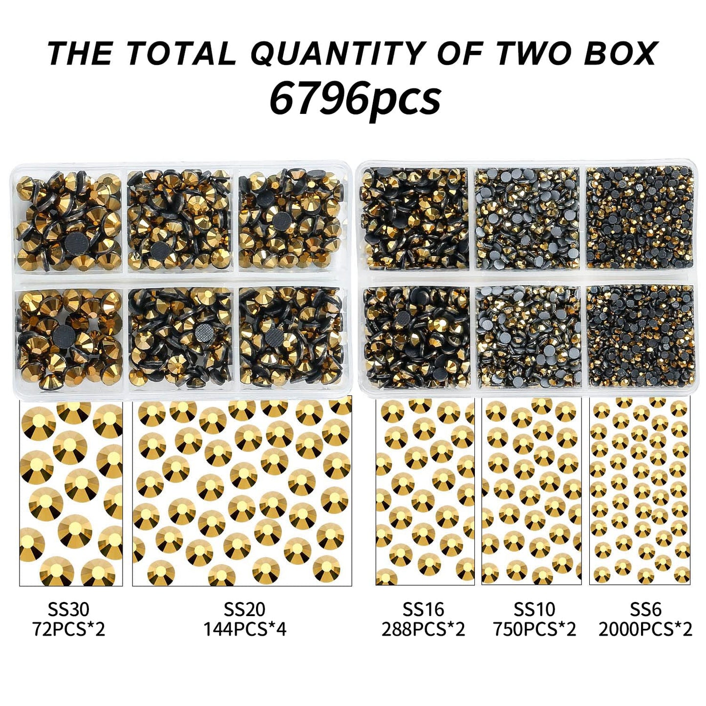 MEIBITE 6796PCS Gold Hotfix Rhinestones Crystal Stones Glass for Fabric Clothes Shirts Sparkly Flat Back Round with Tweezers and Picking Pen (SS6~SS30 Set)