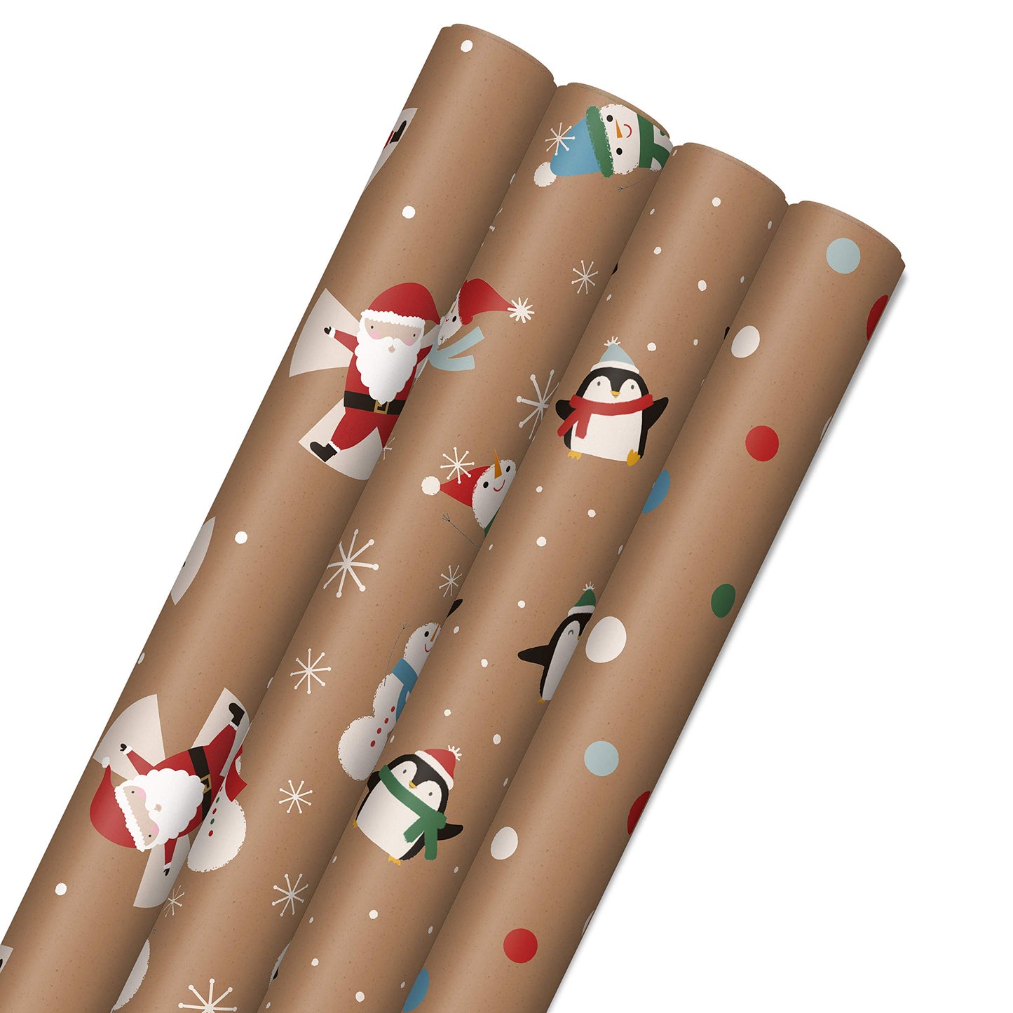 Kraft Christmas Wrapping Paper for Kids with Cut Lines on Reverse (4 Rolls: 88 sq. ft. ttl) Penguins, Santa, Snowmen, Polka Dots