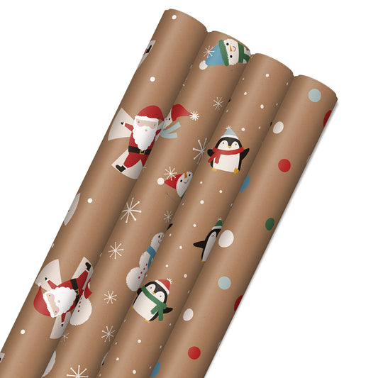 Kraft Christmas Wrapping Paper for Kids with Cut Lines on Reverse (4 Rolls: 88 sq. ft. ttl) Penguins, Santa, Snowmen, Polka Dots