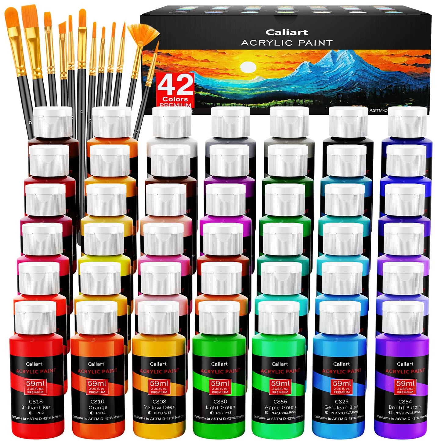 Acrylic Paint Set with 12 Brushes, 42 Colors (59ml, 2oz) Art Craft Paints Gifts for Artists Kids Beginners & Painters, Halloween Pumpkin Canvas Ceramic Rock Painting Kit Art Supplies
