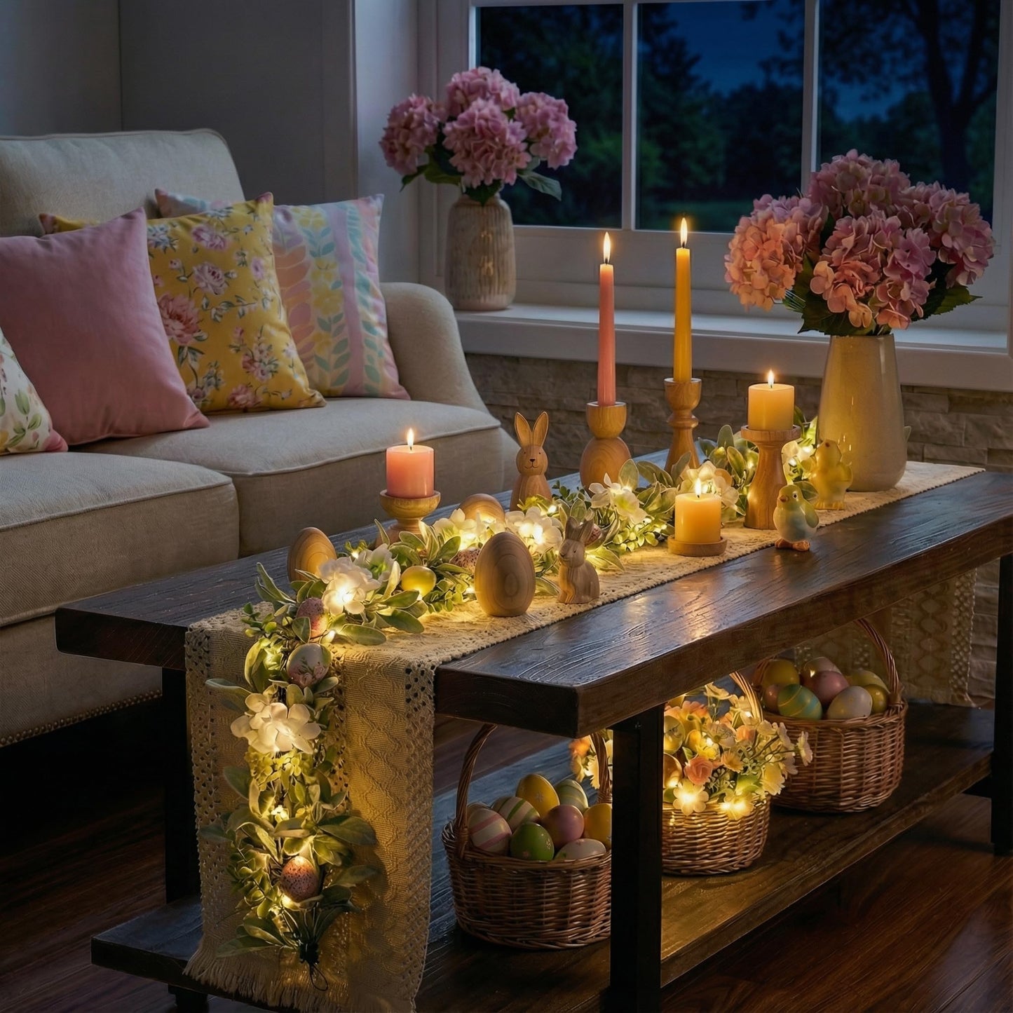 6ft Lighted Easter Garland for Mantle Fireplace, Artificial Spring Flower Garland with Pastel Eggs & Daisy Flower, Artificial Lambs Ear Greenery Farmhouse Easter Decor for Home Indoor