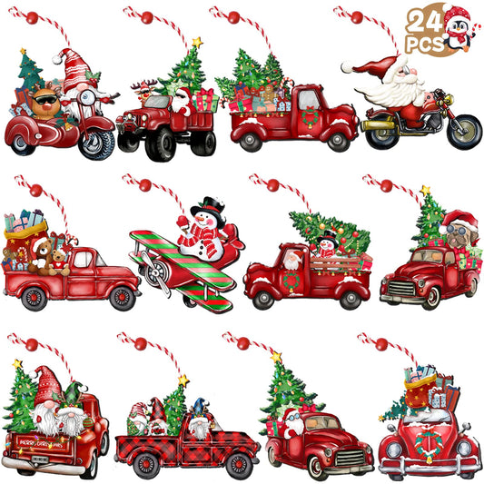 JOPHMO Wooden Christmas Truck Ornaments Red Truck Wooden Hanging Ornaments Wooden Car Crafts with Bead Farmhouse Hanging Decor for Xmas Tree Decoration Holiday Parties Craft Supplies 24 Pieces