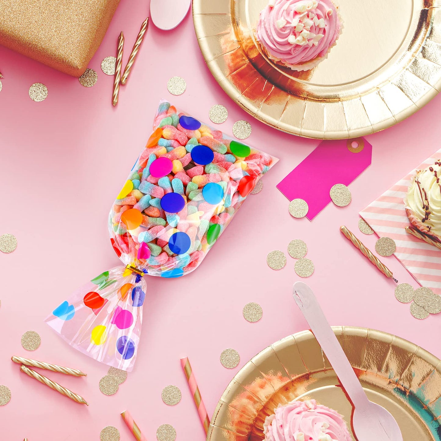 Aodaer 100 Pieces 10.6 x 5.1 In Rainbow Cellophane Bags Plastic Candy Gift Bags Cellophane Treat Bags with Twist Ties Stripes Polka Dot Printed Pattern Goodie Bags for Birthday Weddings Party Favors