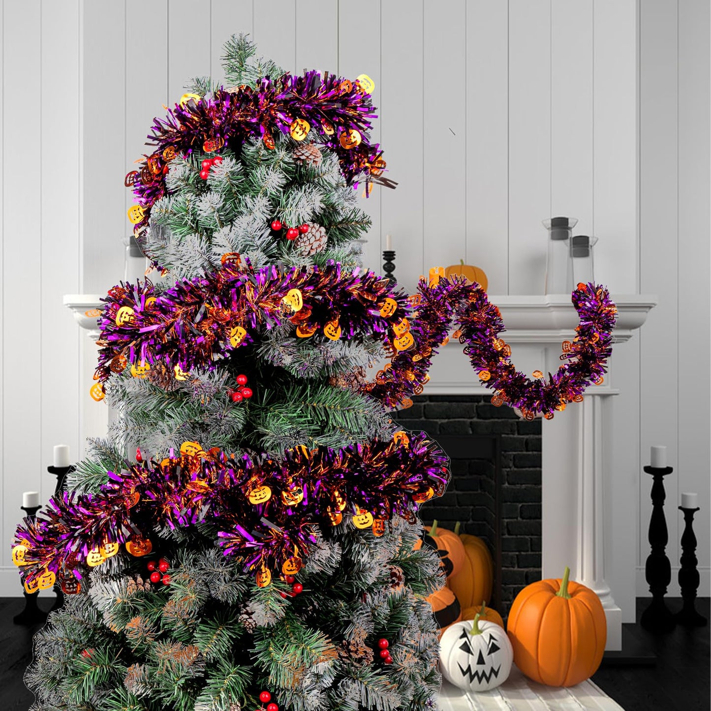 Gloreyan 33FT Halloween Tinsel Garland, Pumpkin Metallic Twist Foil Tinsel Garland Pumpkin Shiny Hanging Decorations for Halloween Party Decoration Supply