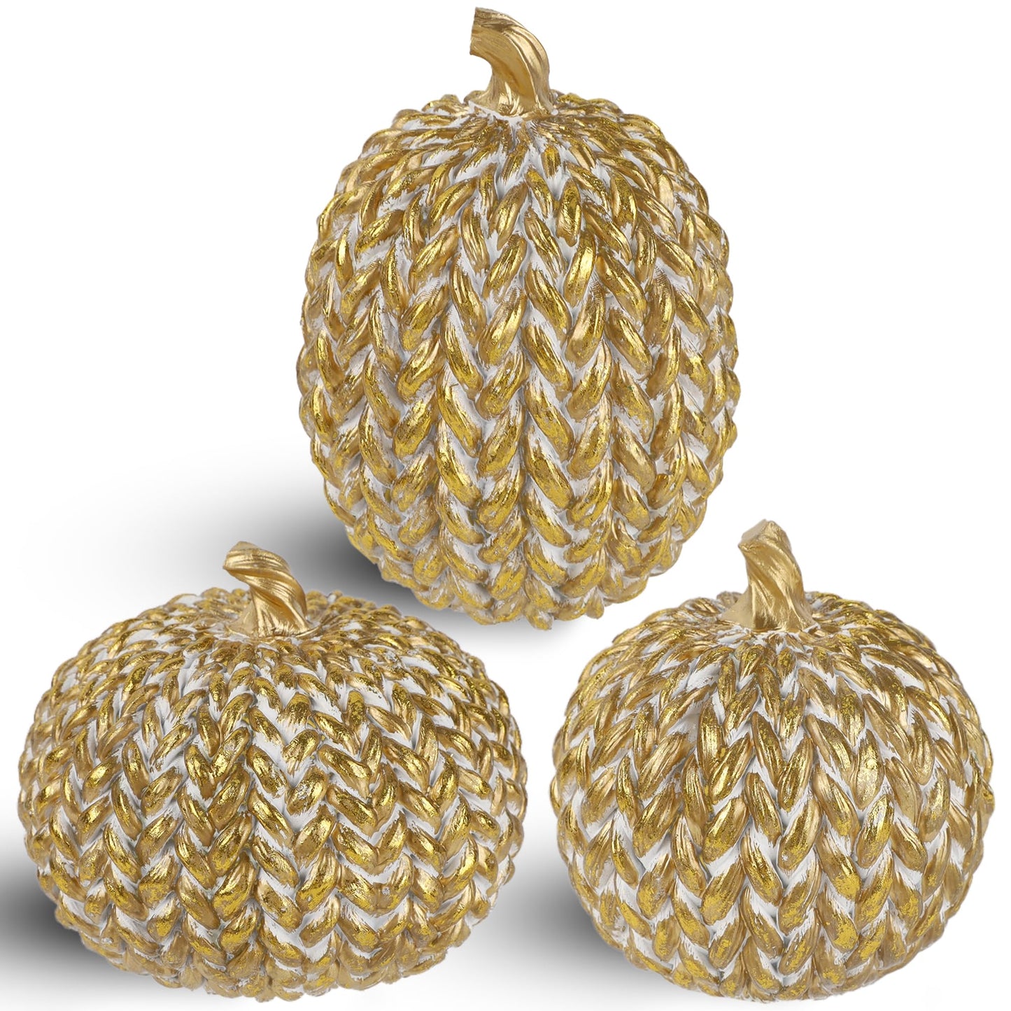 Fall Decorations for Home Set of 3, Gold & White Resin Pumpkin Decor with Woven Design - Thanksgiving Table Centerpiece, Mantel, Indoor & Outdoor Farmhouse Autumn Décor