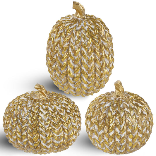 Fall Decorations for Home Set of 3, Gold & White Resin Pumpkin Decor with Woven Design - Thanksgiving Table Centerpiece, Mantel, Indoor & Outdoor Farmhouse Autumn Décor