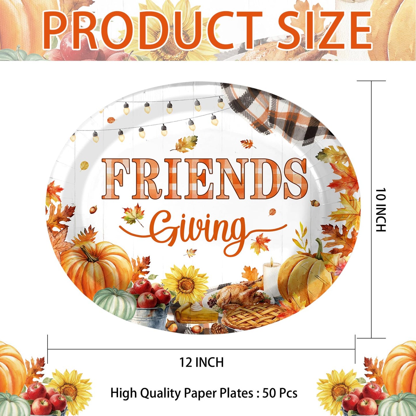 Grencian 50Pcs Friendsgiving Oval Paper Plates Thanksgiving Party Decorations 10" x 12" Large Disposable Autumn Fall Pumpkin Maple Leaves Platter for Thanksgiving Harvest Friends Thanks Party Supplies