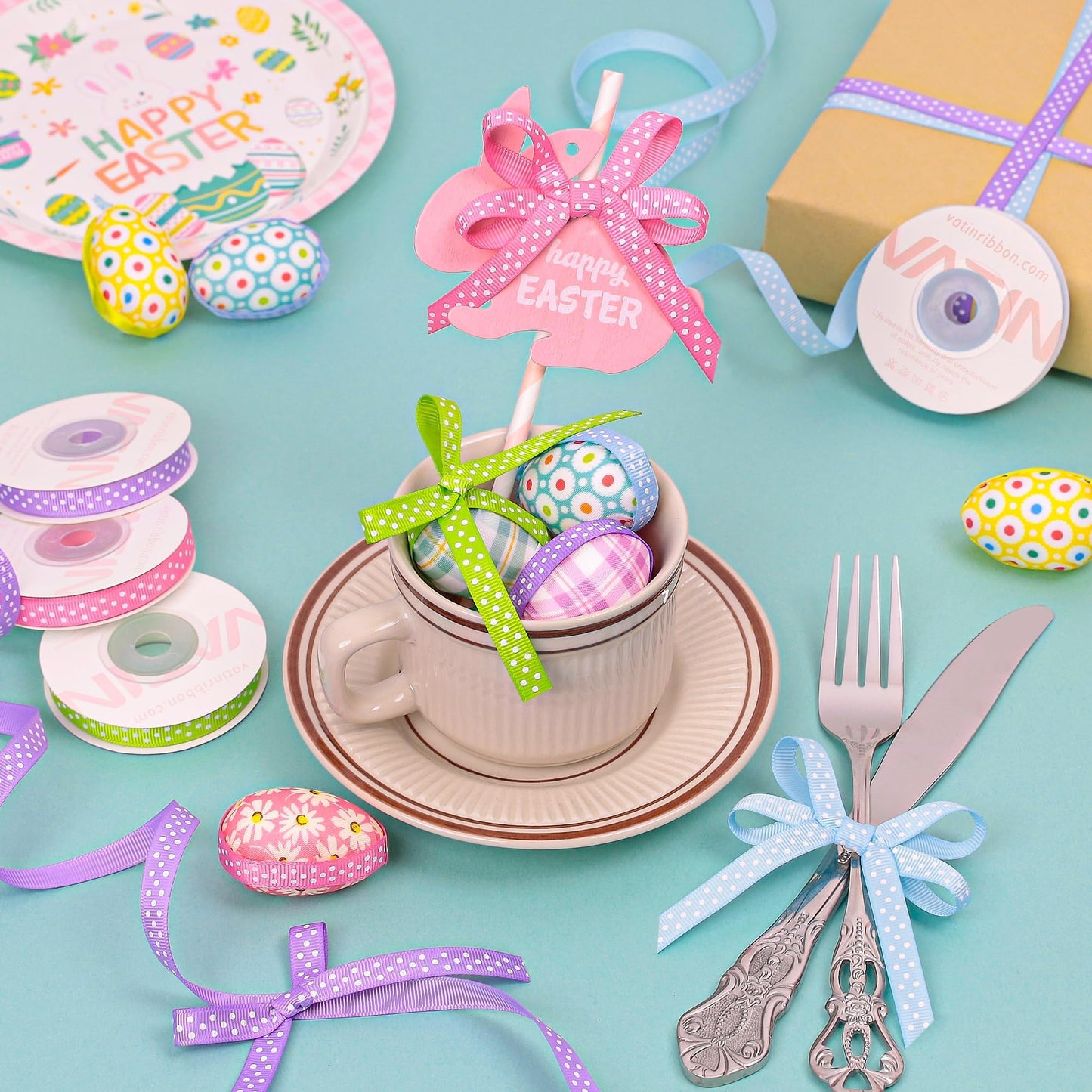 4 Rolls 3/8-Inch Easter Grosgrain Polka Dot Ribbon,Total 40 Yards,(Hot Pink/Blue Mist/Hyacinth/Apple Green),Spring Ribbon Use for Gift Wrapping