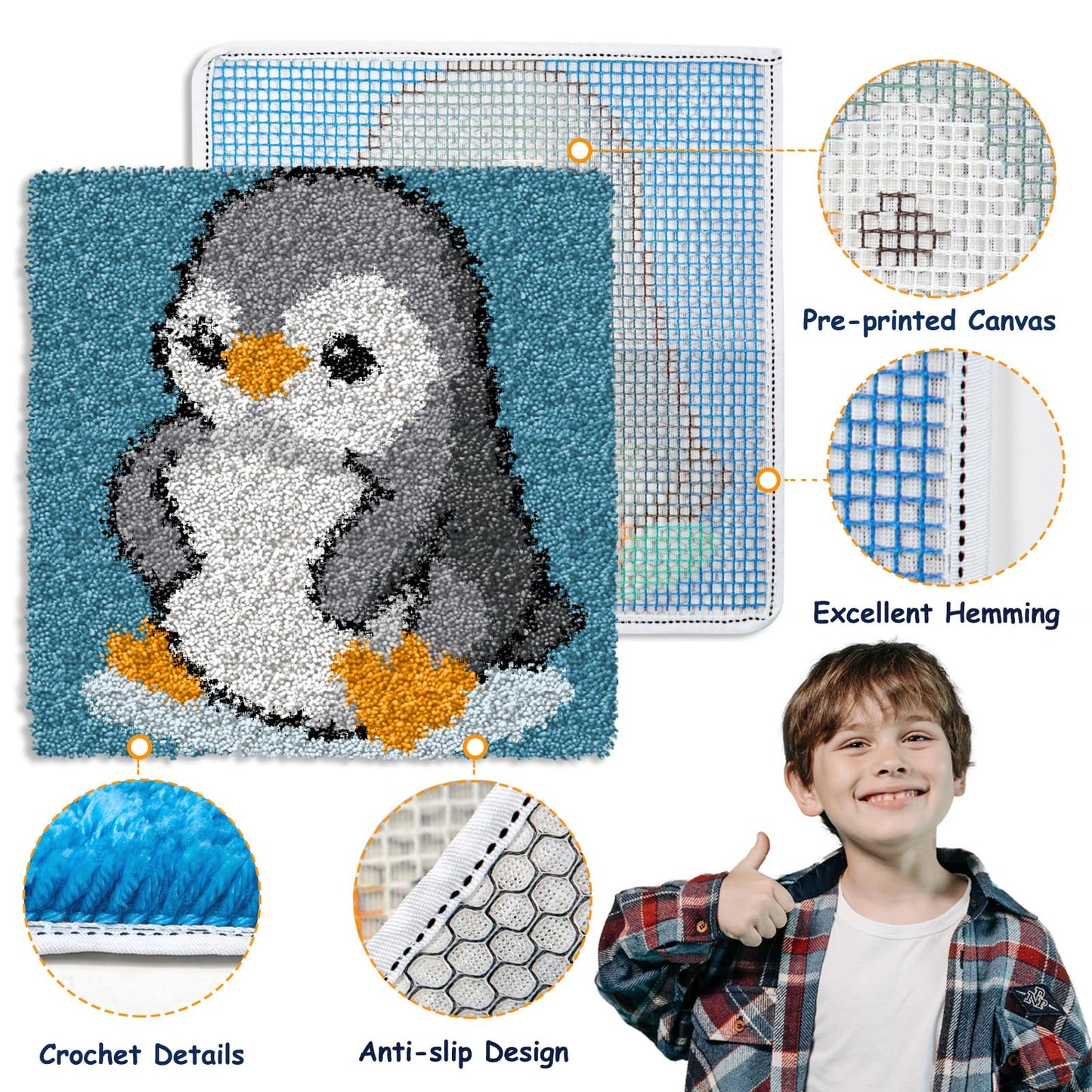 Latch Hook Kits for Kids Adults DIY Rug Tapestry Kits with Printed Canvas Embroidery Kits Festival Gifts Home Decoration (Penguin,11.8inch X 11.8inch)