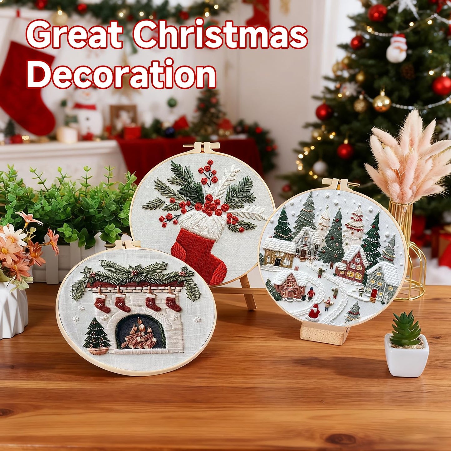 Christmas Embroidery Kit, 4 Pack Cross Stitch Kits,DIY Embroidery Starter Kit for Adults & Beginners, DIY Needlepoint Kit with Embroidery Hoop Thread Needle for Craft Lover Birthday Gifts 2