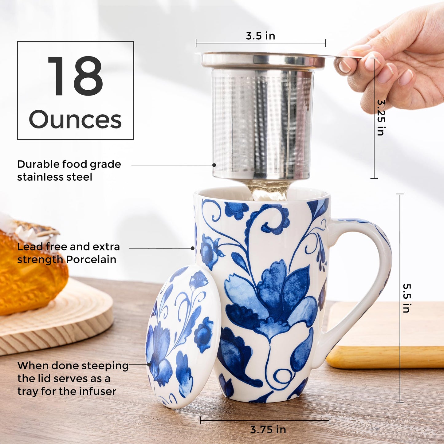 Tea Mug with Infuser and Lid, 18 Ounce Large Ceramic Loose Leaf Cup, Microwave, Dishwasher Safe, Perfect for Tea Lovers