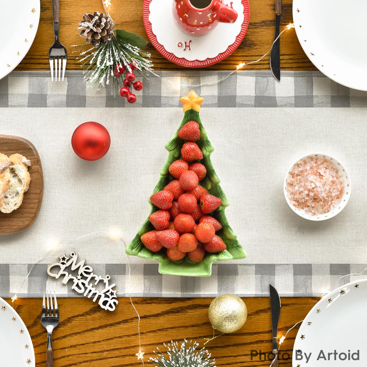Waterclor Grey Buffalo Plaid Christmas Trees Merry Xmas Table Runner, Seasonal Winter Holiday Kitchen Dining Table Decoration for Indoor Outdoor Home Party Decor 13 x 72 Inch