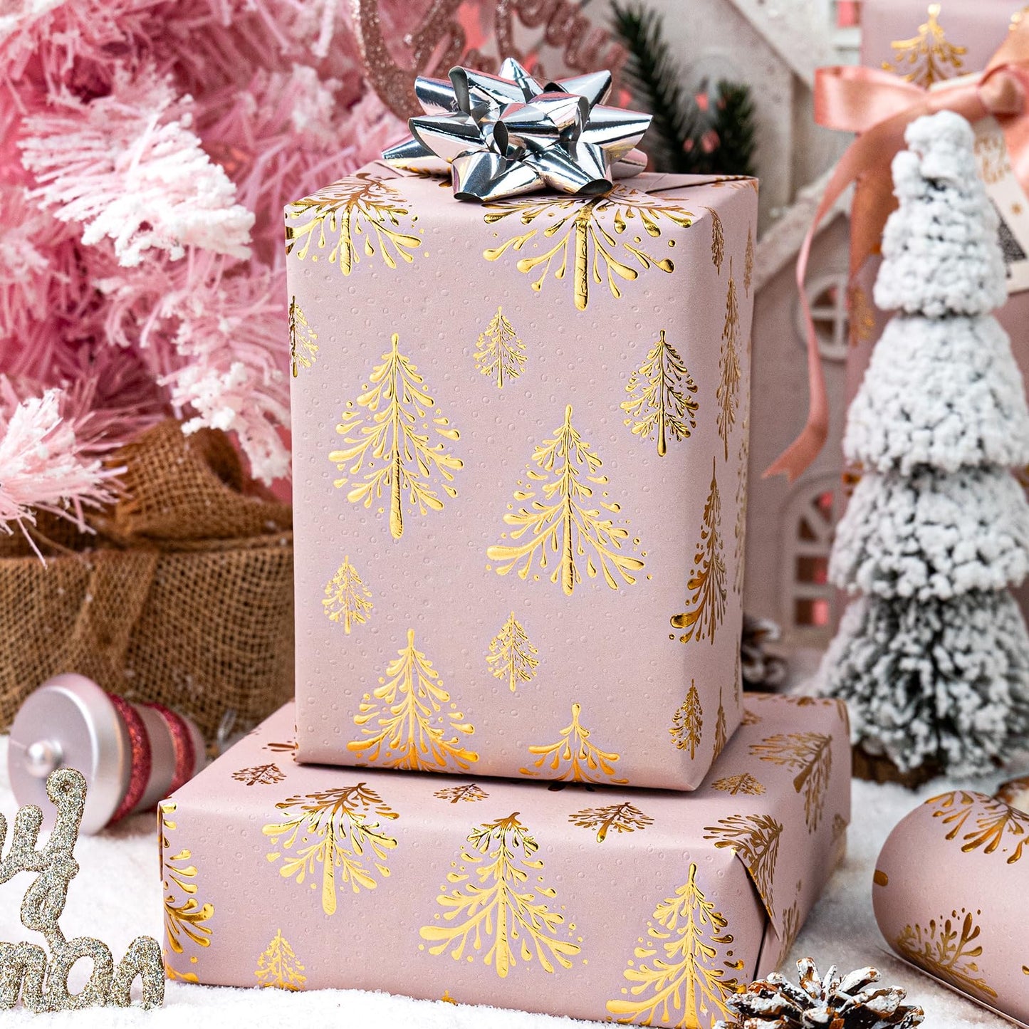 Kraft Christmas Wrapping Paper-Pink 3D Embossed Gold Foil Christmas Pine Tree with Woodlands for Chrsitmas, Holiday, Party,Celebration (17 Inch X 32.8 Feet)