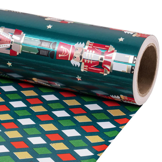 Christmas Reversible Wrapping Paper Roll, Mini Roll, Green Vintage Nutcracker Soldier Design and Colorful Diamond Pattern, Double-Sided Gift Wrap Paper for Holiday Gifts, 17 Inches x 32.8 Feet