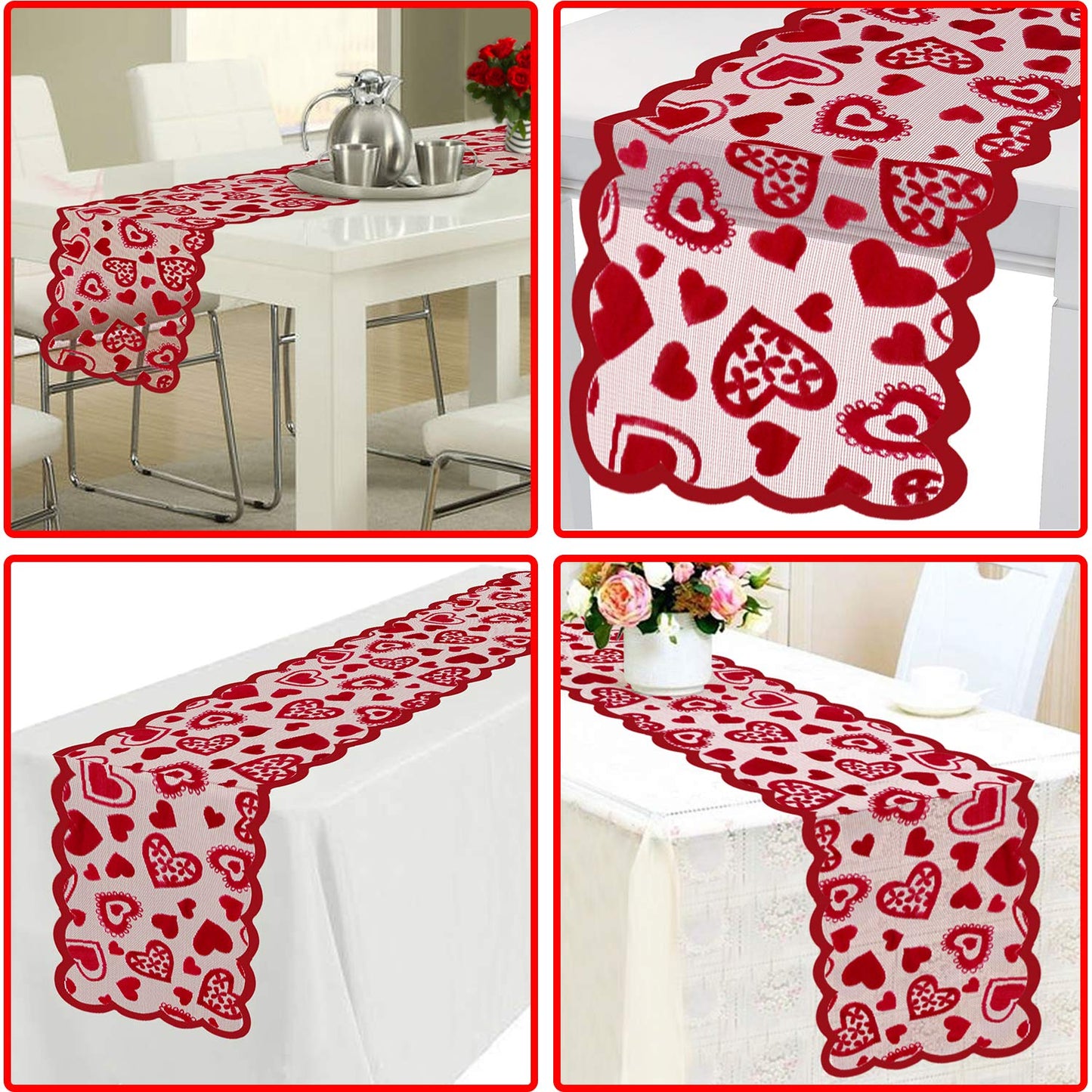 Valentines Day Decor Table Runner - 13 x 72 Inch Red Lace Table Runner for Wedding Party, Valentines Decorations - Valentines Day Decor Home Romantic Decorations Heart Shaped Table Runner
