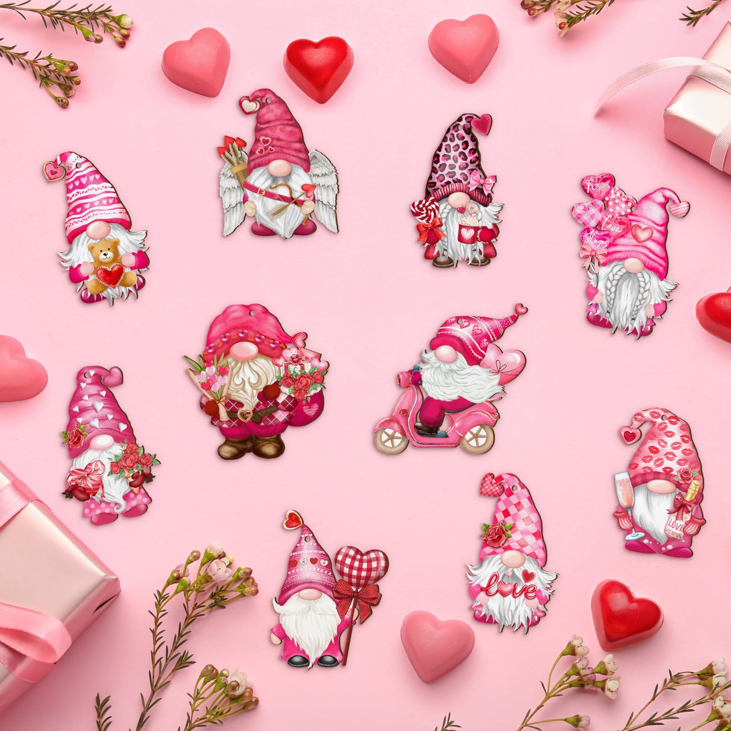 JOPHMO Valentine Wooden Hanging Ornaments, Wood Decor for Tree Decoration, Santa Doll Craft, Gnome Elf Party Supplies (Valentine-Gnomes-A)