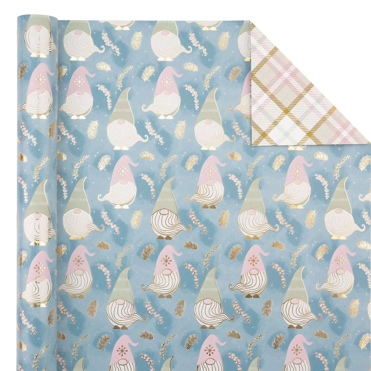 Reversible Christmas Wrapping Paper - Mini Roll - 17 Inch x 33 Feet - Blue Purple Gnome and Plaid Design with Metallic Foil Shine for Holiday, Party, Celebration