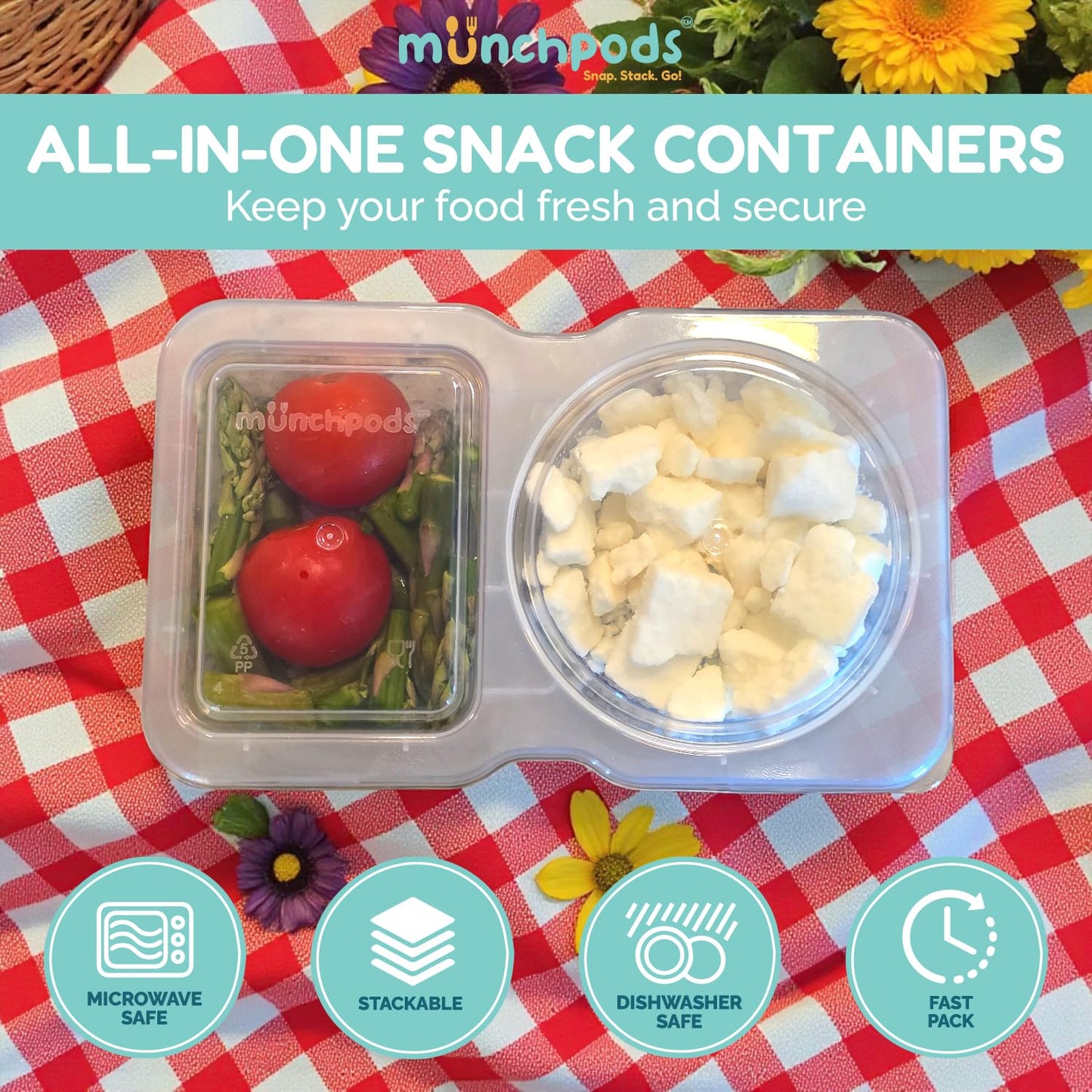 Munchpods Reusable Snack Containers with Lids 20 Pack (40 Pieces) Portion control, Snack Pack Containers 2 Double Compartment Snack Containers for Kids On the Go Meals, Camping Snack Tray Prep