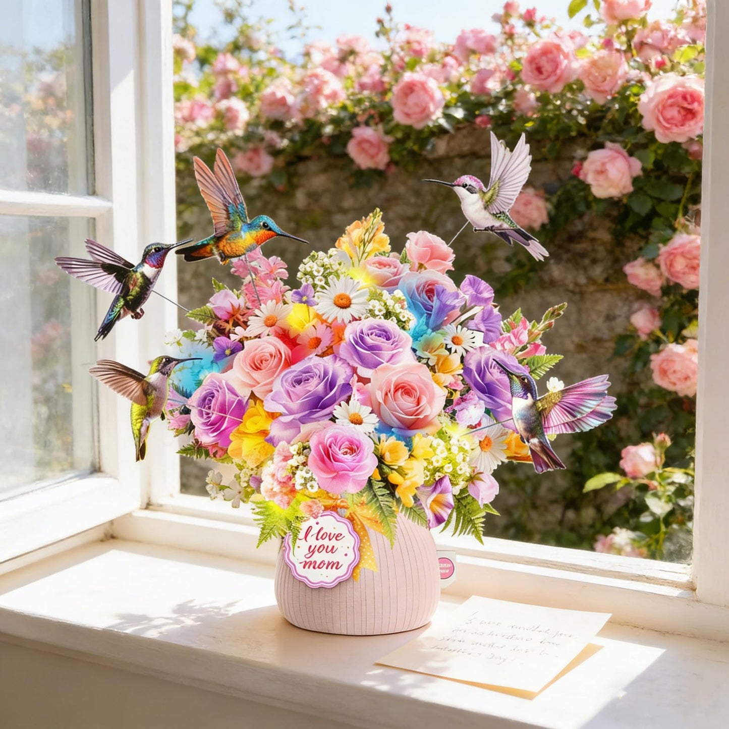 MZD8391 Mothers Day Card with Music & Lights, 3D Pop Up Mothers Day Gift, Hummingbird, 10 Inch Life Sized Forever Flower Bouquet Birthday Card For Mom, Women, Wife
