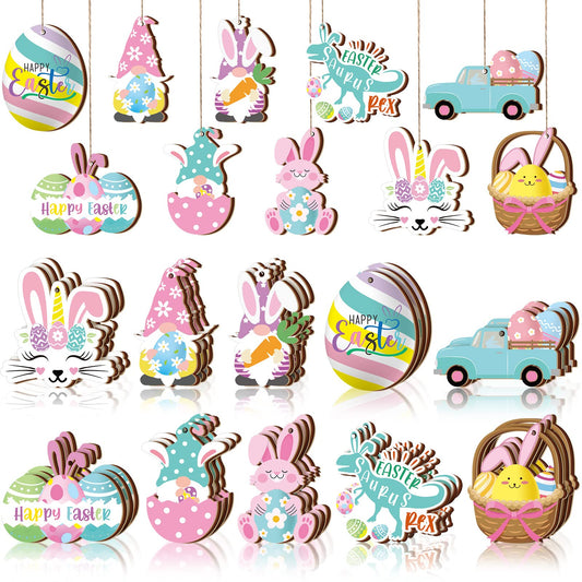 Chunful 30 Pcs Happy Easter Wooden Ornaments with Ropes Spring Egg Gnome Bunny Carrot Basket Holiday Easter Decorations Wood Bunny Ornament Embellishments Decorative Hanging Ornaments for Party