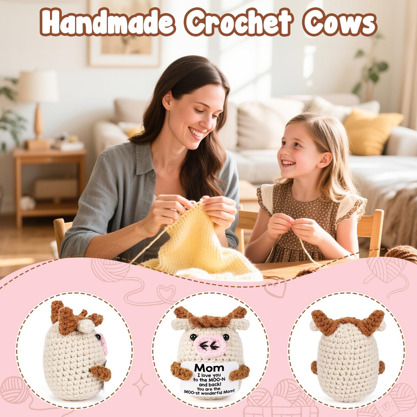 YUEYUQIU Mini Birthday Gifts for Mom from Daughter - Handmade Crochet Cow Moms Gifts for Mother’s Day Mama Mother in Law Bonus Step Mother Mommy - Funny I Love You Mom Present for Mothers Day