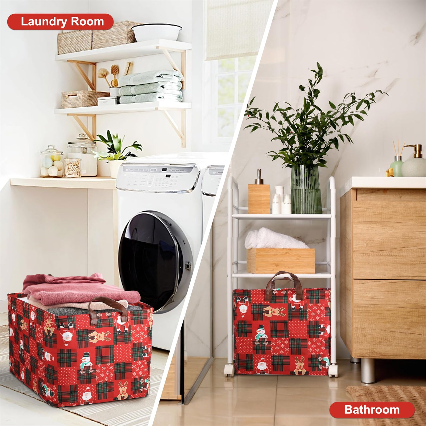 Funnewban Christmas Red Storage Bin Basket Collapsible with Leather Handles Waterproof Canvas Storage Cube Box for Closet Toys Clothes Snowman Santa Room Decor Gift Basket