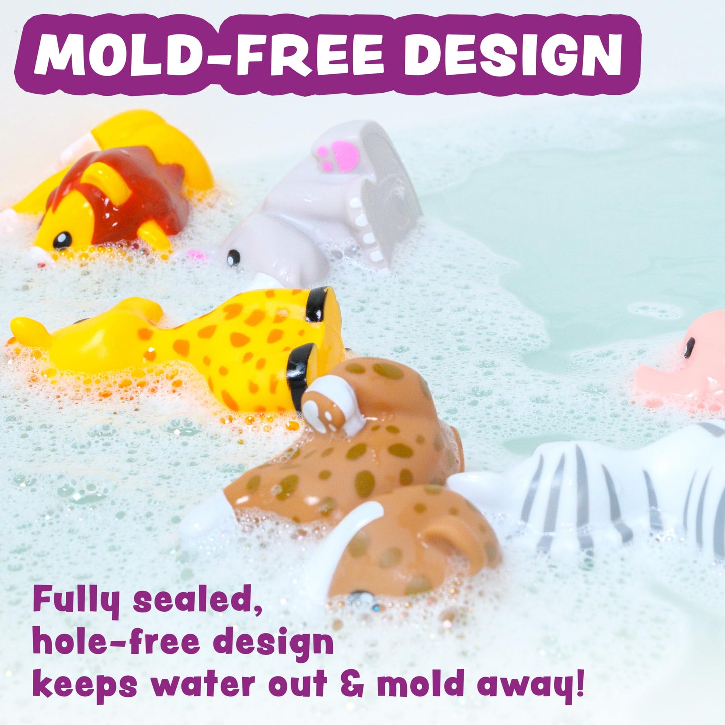 Tub Works® Savanna™ Mold Free Bath Toys, 6 Pack | Sealed, No Hole Bath Toys Design Keeps Moisture Out | Soft, Squeezable & Float on Water | Easy-Grip Baby & Toddler Bathtub Toys | Great Baby Pool Toys