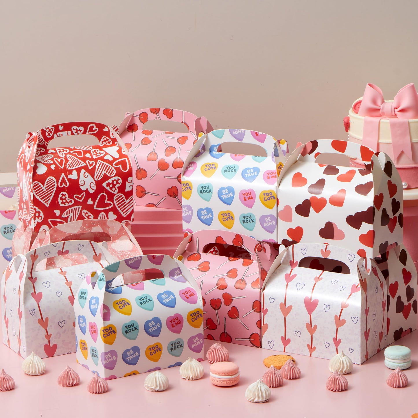 24 Pcs Valentine’s Day Gift Treat Boxes, Cookie Boxes with Colorful Heart shaped Design for Kids Party Favor, Classroom Exchange Prizes, Valentines Candy Boxes