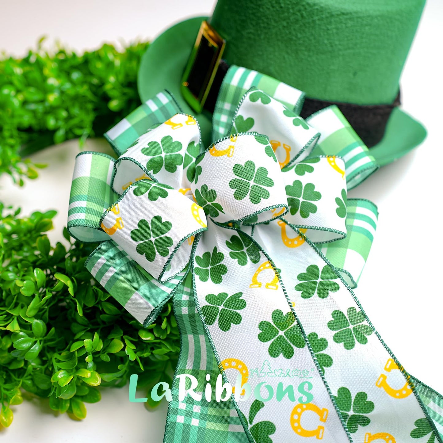 St Patricks Day Ribbon Wired 2 Rolls 2.5 Inch x 20 Yards Tt, Glitter Shamrock Green and White Plaid Ribbon for Crafts Supplies Wreath Bow Making DIY