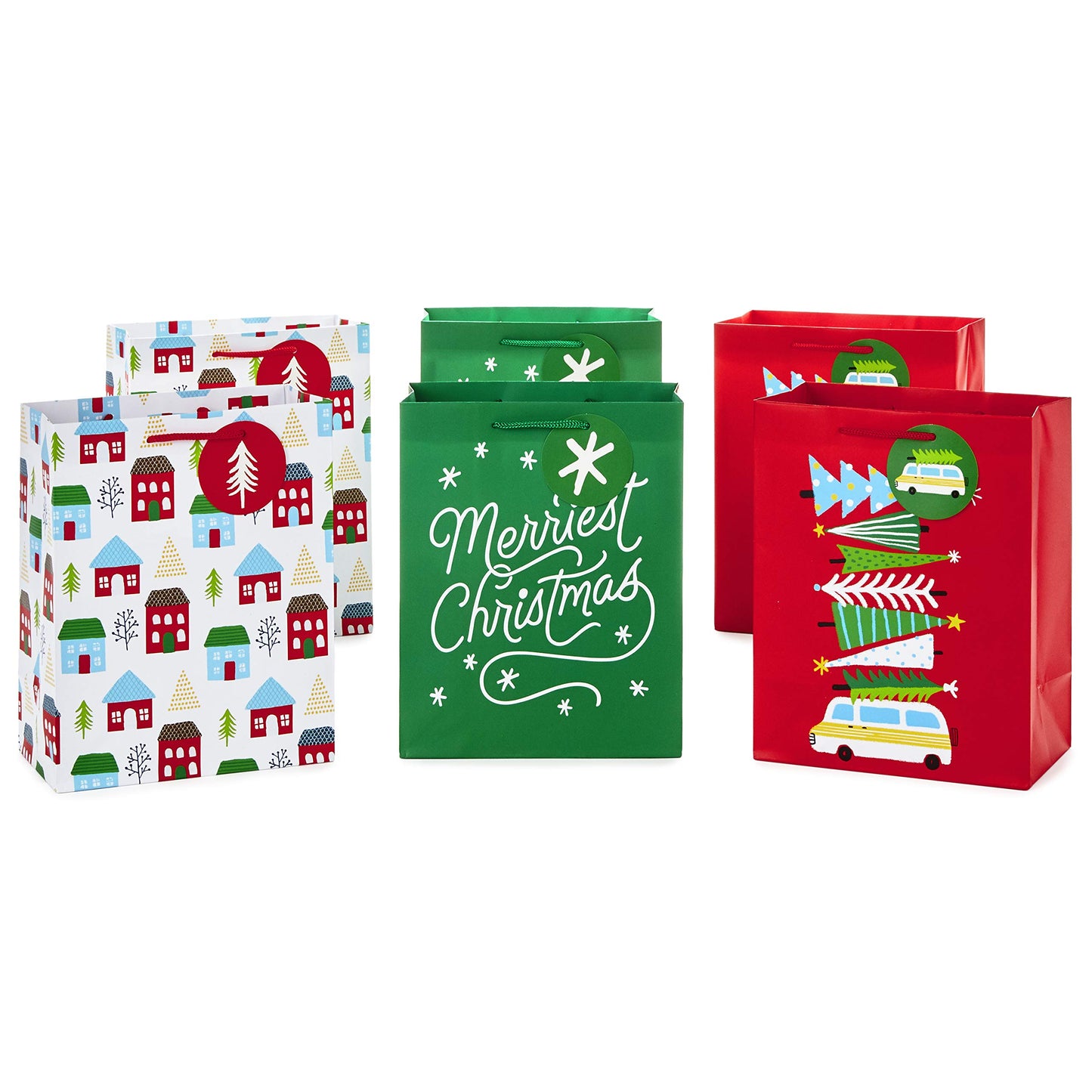 Hallmark 9" Medium Christmas Gift Bag Bundle, Merriest Christmas (Pack of 6, 3 Designs)
