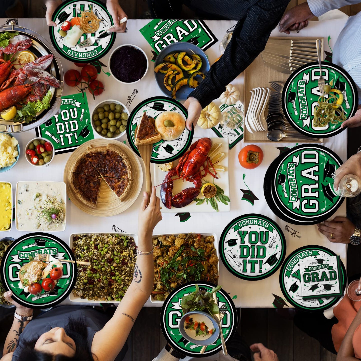 Gatherfun Graduation Party Supplies Dinnerware Set green Disposable dinner paper plates dessert paper plates and Napkins for Congrats Grad Party Decorations, Serve 50