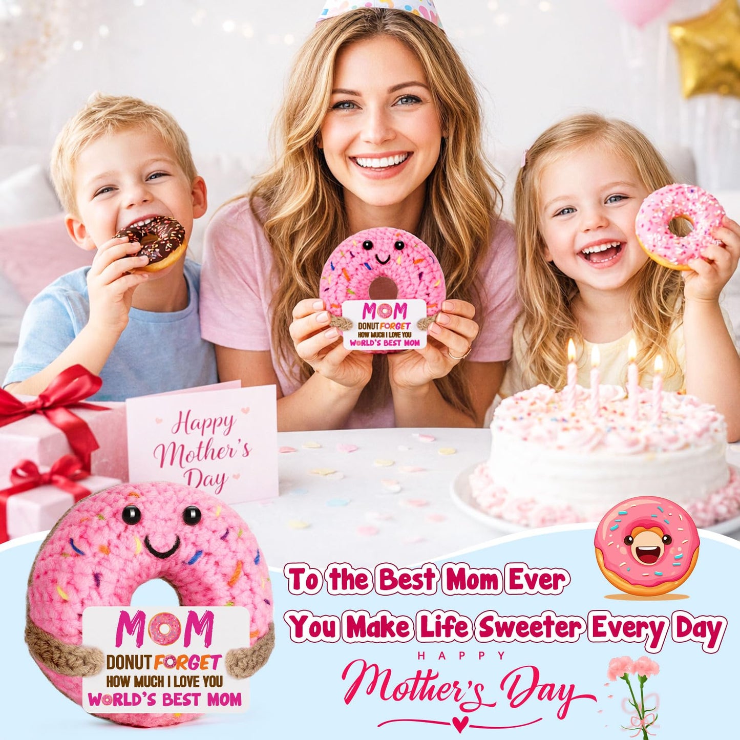 BuiltFit Mom Gifts for Mothers Day - Funny Mother's Day Birthday Handmade Crochet Donut Gift for Mom Mama Mother Mommy from Daughter Son Best Mothers Ever Gifts
