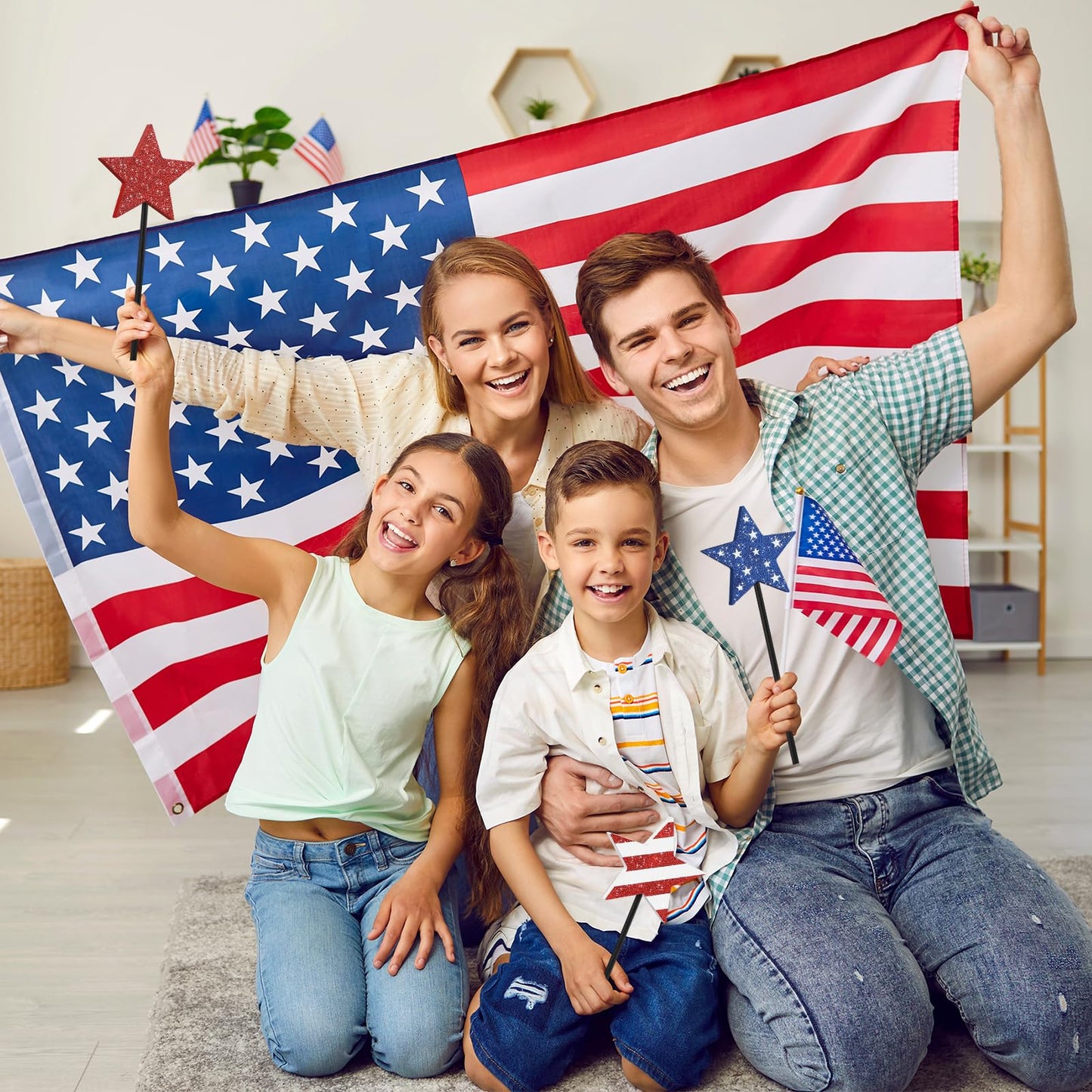4th of July Tiered Tray Decor Wooden Star Set, 3 Pcs Memorial Day Table Decorations, Rustic Patriotic Tabletop Home Decor, Red White and Blue Decorations for Home (Shiny)
