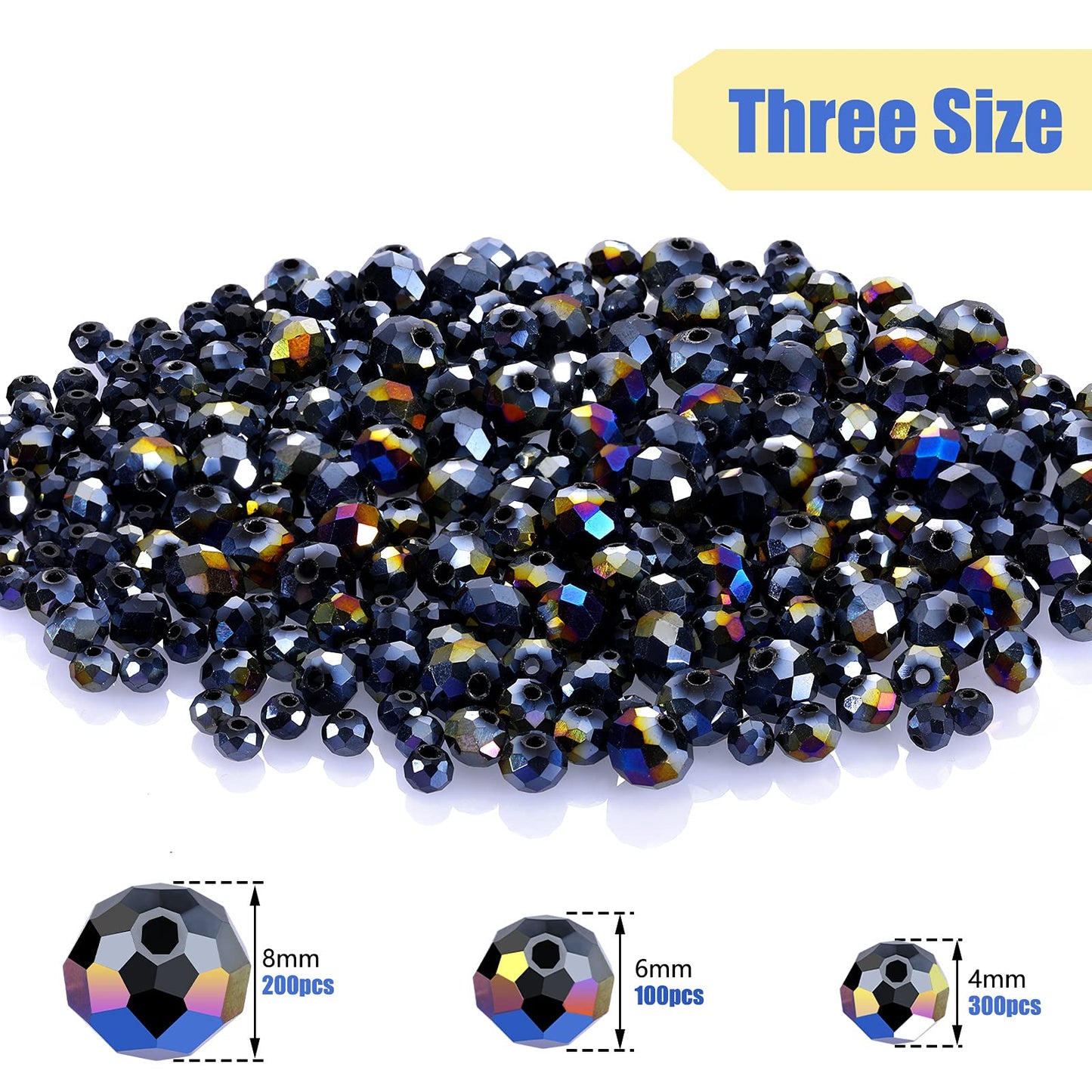 600 Pcs Crystal Glass Beads for Jewelry Making Bulk Faceted Gemstone Rondelle Loose Beads for Bracelet DIY Crafts 8 mm, 6 mm, 4 mm(Black AB Color)