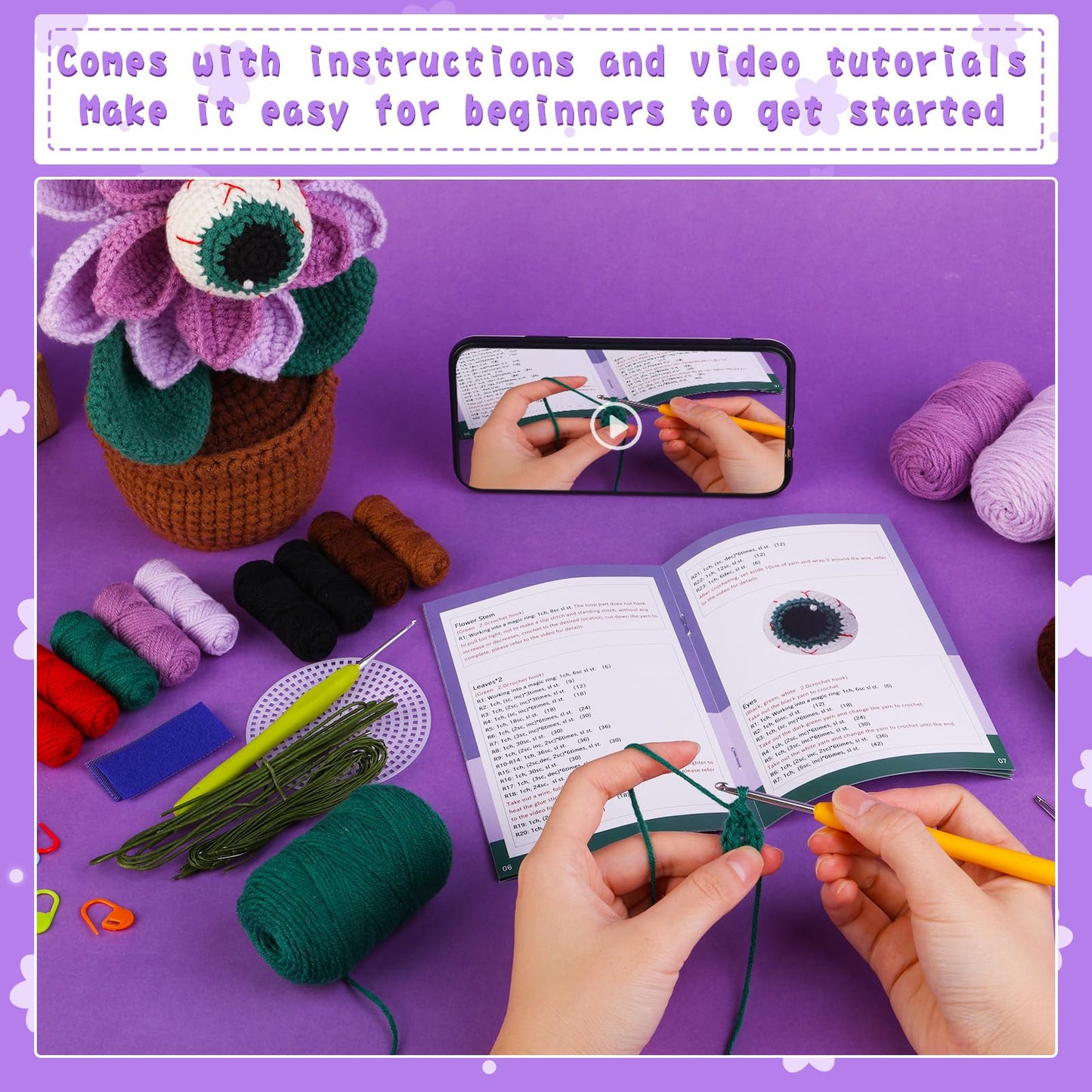 kgxulr Crochet Kit, Big-Eyed Knitting Kit for Beginner, Crochet Starter Kit for Complete Beginners Adults, Crocheting Knitting Kit with Step-by-Step Video Tutorials