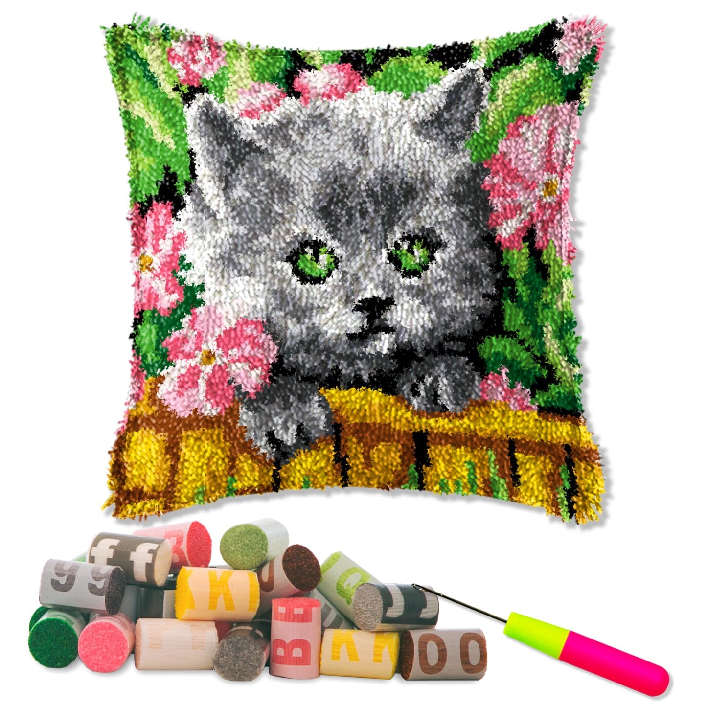 Latch Hook Kits for DIY Throw Pillow Cover,Flower Cat Needlework Cushion Cover Hand Craft Crochet 17X17inch
