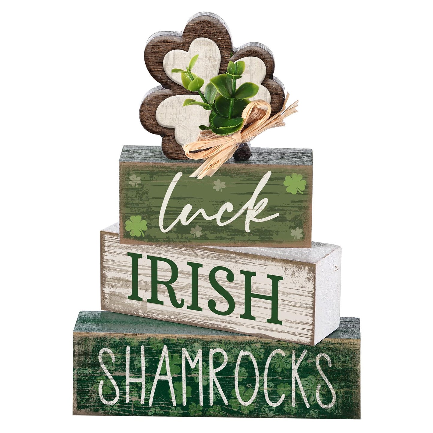 4 Pcs St. Patrick's Day Table Decorations Wooden Shamrocks Green Lucky St. Patrick Tiered Tray Decor Farmhouse Shamrock Blocks Signs Gifts Irish Themed Centerpiece Decorations for Home Decor