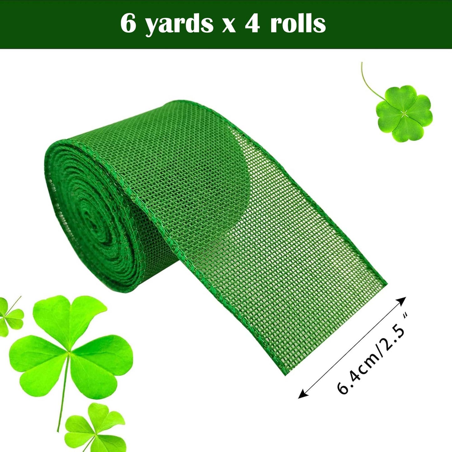 4 Rolls Shamrock Wired Edge Ribbon - 2.5''×24 Yard St Patrick's Day Green Wired Ribbon, Burlap Plaid Shamrock Fabric Craft Irish Ribbons for Gift Wrapping, Wedding Birthday Crafts Decorations