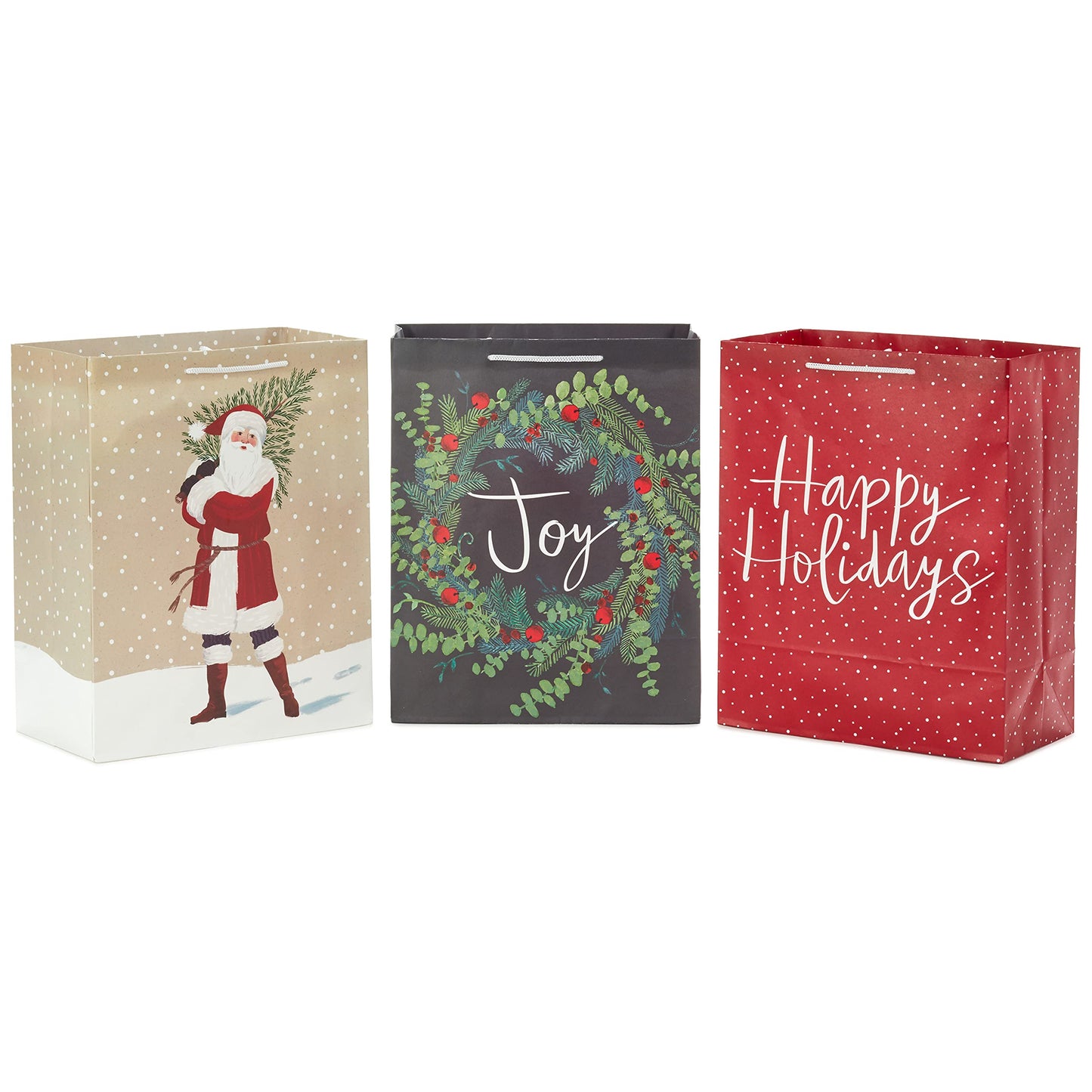 13" Large Christmas Gift Bag Bundle (3 Bags: Joy Wreath on Gray, Rustic Santa with Tree, Happy Holidays on Red) for Friends, Family, Teachers, Coworkers
